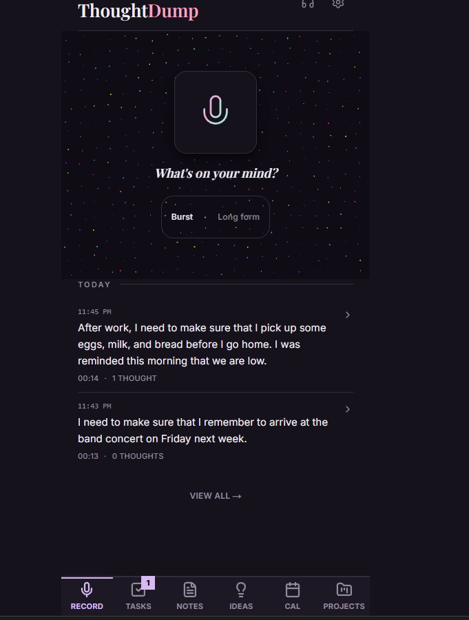 ThoughtDump’s voice capture screen in the Journal theme, with recent Dumps