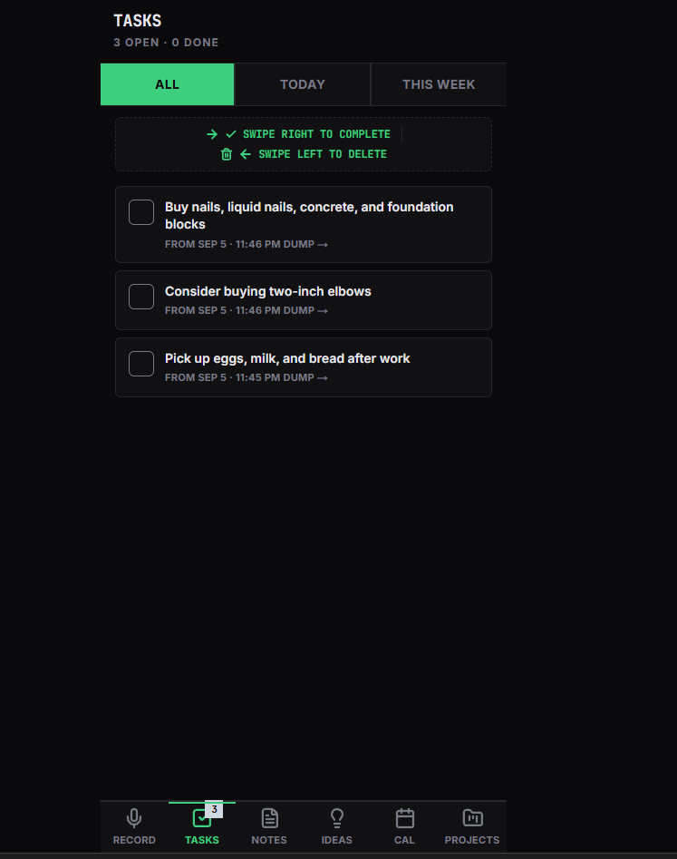 ThoughtDump Tasks in the Dark theme, with links back to the source Dumps